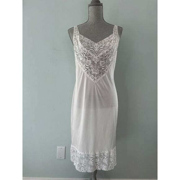 Vintage 80s Vanity Fair White Satin Floral Lace Nightgown Full Slip size 36/24" - Picture 1 of 15